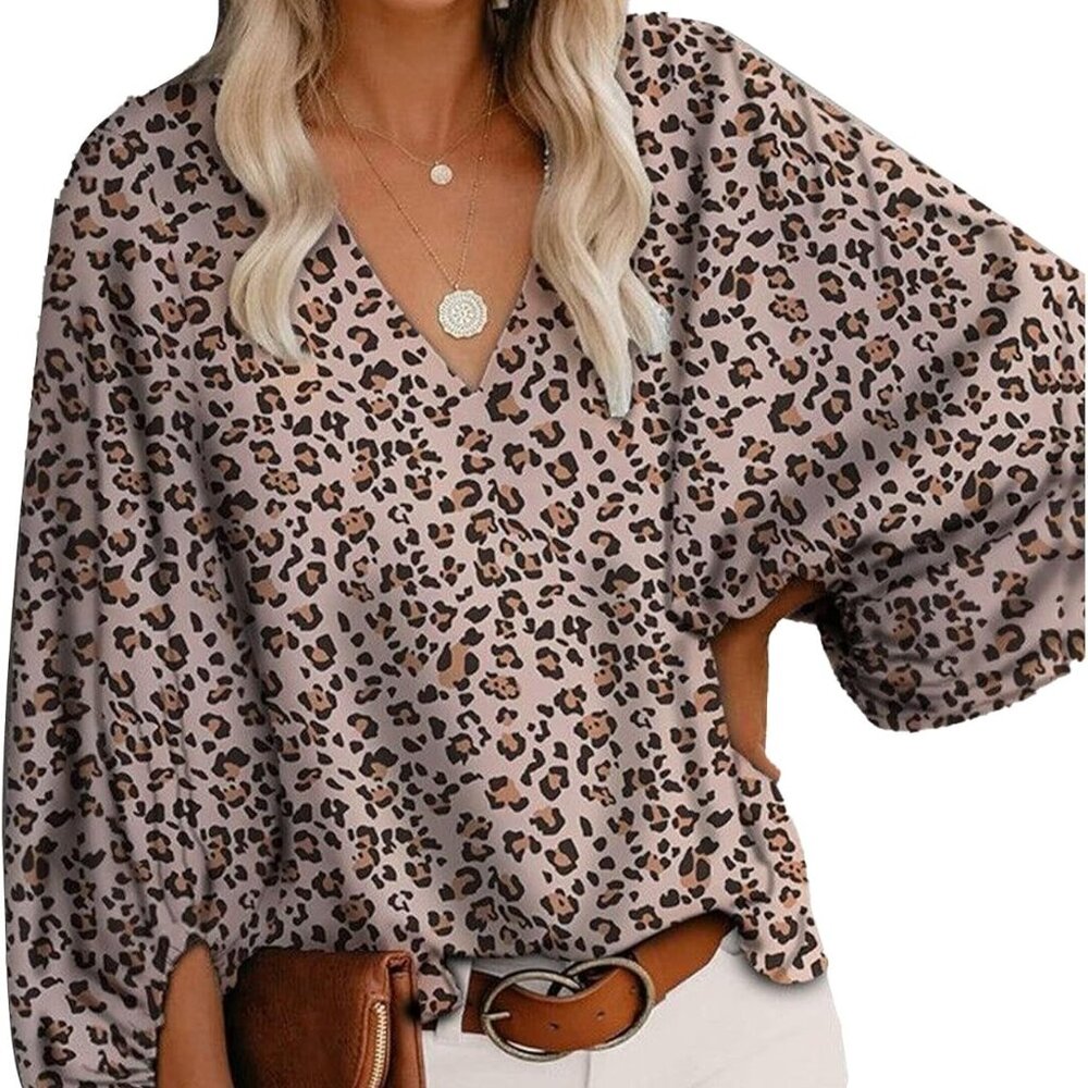 NWOT-  Women Blouse Long Sleeve Top V Neck Top Leopard Print